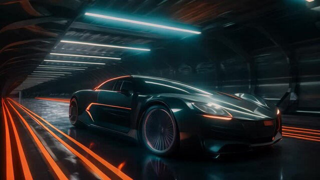 3D rendering of a brand-less generic concept car in a tunnel, A sports car, a futuristic autonomous vehicle in a tunnel. HUD car, AI Generated