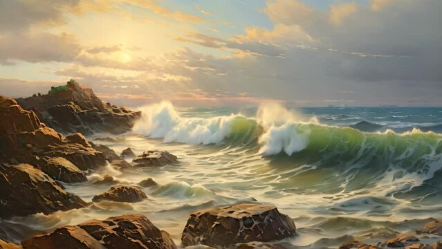 Beautiful seascape with waves crashing on the rocks at sunset, A Rocky Beach landscape view with rough sea waves and beautiful sky, AI Generated
