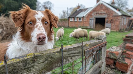 Dedicated farm dog diligently watching over a herd of sheep in a rural farm landscape