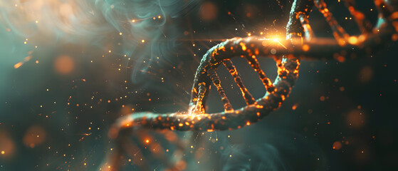 Abstract DNA strand with glowing particles, representing biotechnology, genetics research, or molecular science.