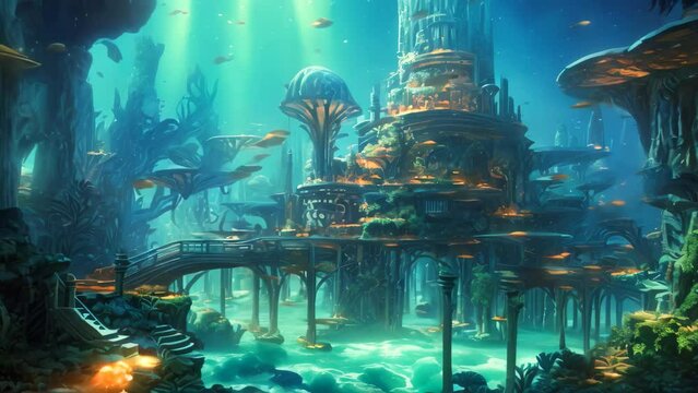 Fantasy landscape with ancient temple in the forest. 3d rendering, A thriving hidden oceanic civilization with enchanting architecture, bioluminescent plants, and mysterious inhabitants, AI Generated