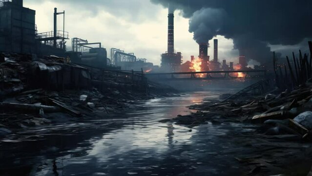 Factory in smoke and smog. Global warming concept. 3D rendering, Abandoned factory in the middle of the river, Concept of environmental pollution, AI Generated
