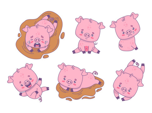 Cute pig collection. Smiling, happy and unhappy crying piggy in dirty puddle of water. Isolated funny cartoon kawaii animal character. Vector illustration. Kids collection.