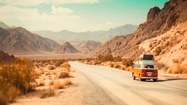 Vintage camper van on the road in the desert of Egypt, Adventure desert road explore vibe, AI Generated
