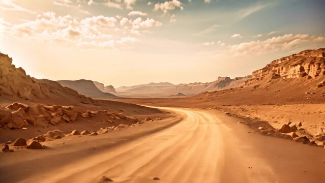 Rural road in the Sinai desert, Egypt. Vintage stylized photo, Adventure desert road explore vibe, AI Generated