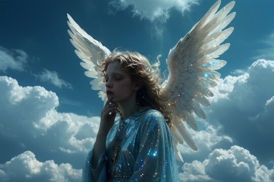 Little girl with angel wings among clouds