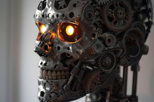 An intricate mechanical head made of gears and pistons with glowing eyes super realistic