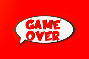 Game over. Cartoon speech bubble. Colored online chat bubble, comic style. Finishing, end, final game, challenge, video game. 3D illustration