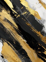A dynamic abstract painting featuring bold black and gold brushstrokes creating a striking visual contrast
