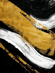 A painting featuring black, white, and gold colors in an abstract composition