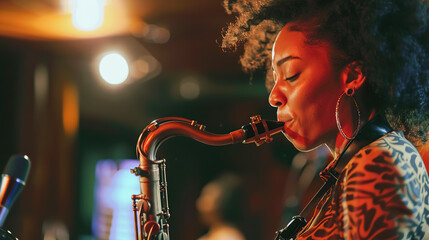 A jazz artist, a black woman is engrossed in playing the saxophone on brightly lit stage. Music festival concept, jazz recognition month - obrazy, fototapety, plakaty