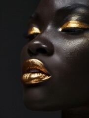 A woman with elaborate gold makeup on her face, shimmering under the light