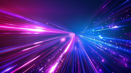 Fototapeta na wymiar Abstract technology futuristic glowing blue and purple light lines with speed motion blur effect on dark blue background. Vector illustration