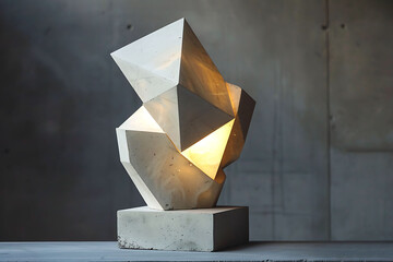 A minimalist sculpture composed of geometric shapes, bathed in a single, monochromatic light, highlighting its form and simplicity