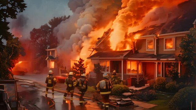 Firefighters fighting a fire in a house. Firefighters fighting a fire, American houses on fire and firefighters attempting to stop the fire, AI Generated