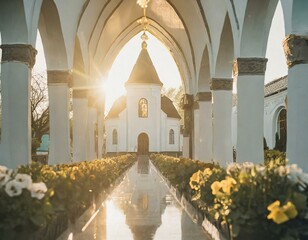 A peaceful church filled with parishioners on Easter morning, with light streaming through stained glass windows. - obrazy, fototapety, plakaty