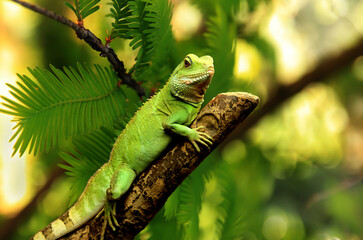 A green lizard sits on a branch among the leaves of trees.