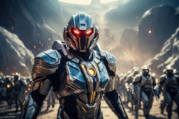 Futuristic armored soldier with troops - obrazy, fototapety, plakaty