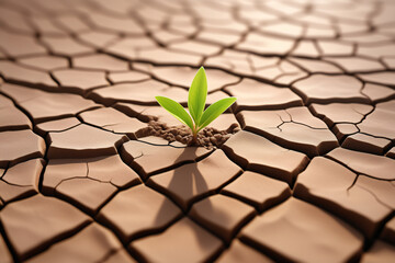 Small green sprout growing from dry cracked land for World Earth Day, climate change concept, global warming, motivation of new beginning, passion, hope of dying earth concept, realistic dry mud - obrazy, fototapety, plakaty