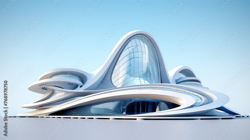 Poster Abstract architecture scene with smooth curves. Abstract background with futuristic building in white and blue colors.