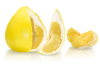 Isolated pomelo fruit on white background. One Whole fruit whith two slice.