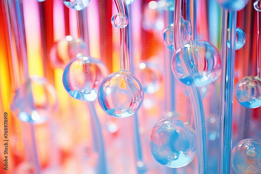 Aufkleber pink holographic bubbles floating on the soft colorful abstract background in beautiful vivid tones.
