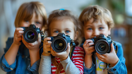 Three enthusiastic children holding up DSLR cameras, ready to capture the moment with concentrated expressions. - obrazy, fototapety, plakaty