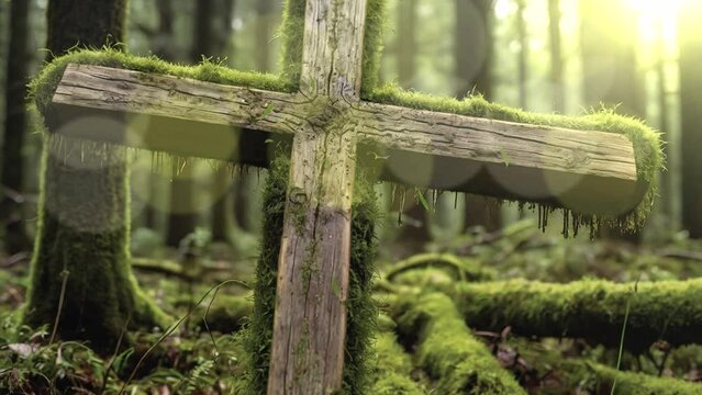 Behold the somber grace of an ancient grave monument nestled amidst the forest, its mossy cross bearing silent witness to the passage of time and the mysteries of life and death in immersive 4K loop