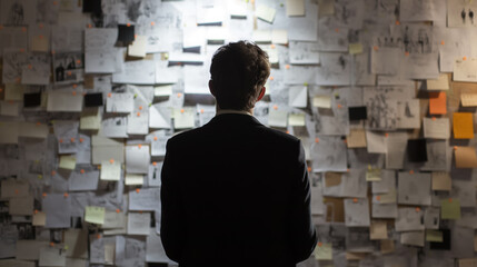Rear view of a man in a dark suit staring thoughtfully at a wall plastered with various notes and documents.