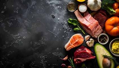 Fish, meat, avocados and other healthy and dietary foods on the right side against a dark background - obrazy, fototapety, plakaty