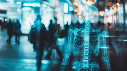 A creative image displaying a transparent x-ray of a human skeleton superimposed on a bustling crowd in a lit urban area. - obrazy, fototapety, plakaty