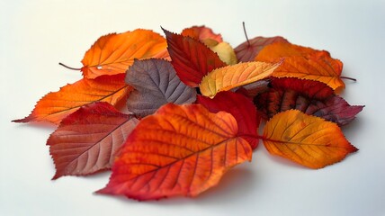 Artistic composition of autumn leaves arrayed on a pristine white background