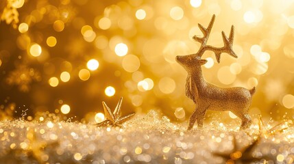 Obraz na płótnie Canvas Golden sparkle reindeer on blue glitter background, greeting card christmas eve