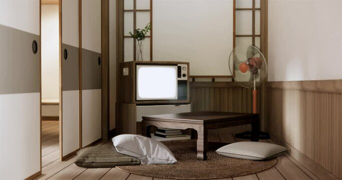TV on canbinet low table in room Japanese style with lamp. 3D rendering