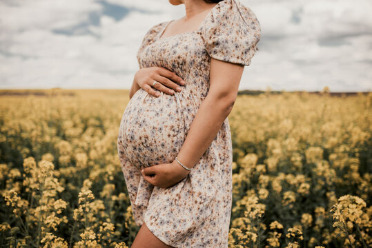 Pregnant girl in grass field holding stomach. Woman pregnancy belly. 