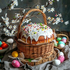 Fototapeta na wymiar Easter basket with Easter cake and eggs.