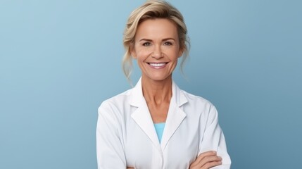 Mature female experienced doctor, healthcare professional, dentist, stomatologist, nurse smiling on a blue background