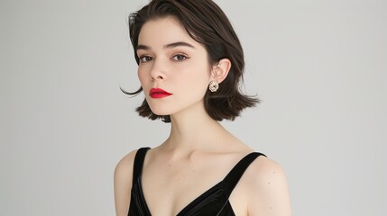 Elegant woman in formal attire with text space on left side in studio shot for advertising