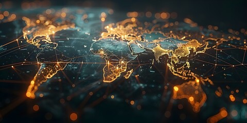 Global Network Connectivity and Data Transfer: An Abstract World Map for International Business and Communication. Concept Data Transfer, Global Connectivity, International Business - obrazy, fototapety, plakaty