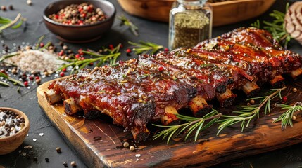 Grilled ribs on cutting board. Get ready for a barbecue extravaganza with these succulent grilled ribs, pure joy on a plate. - obrazy, fototapety, plakaty