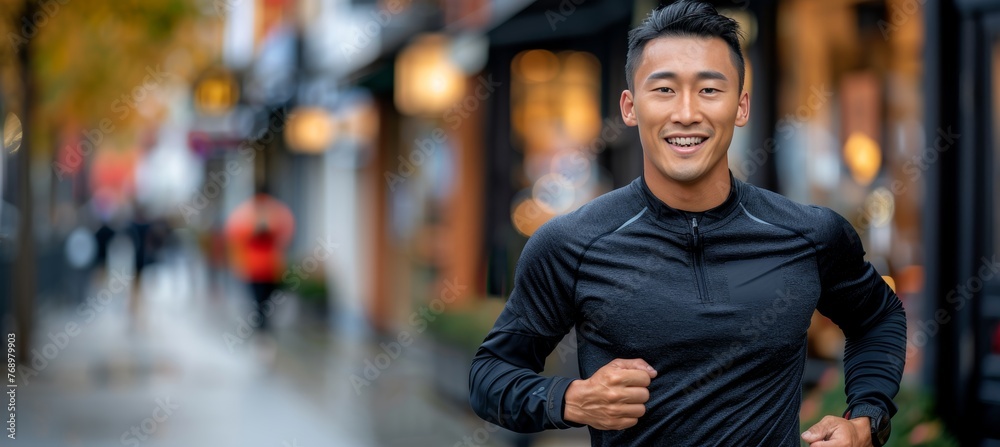 Wall mural energetic asian man embracing fitness through running and jogging for health and wellbeing