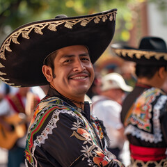 
Latin man wearing as Traditional Mexican mariachi at parade or cultural Festival in Mexico Latin...