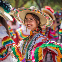 Latin woman wearing as Traditional Mexican mariachi at parade or cultural Festival cinco de mayo