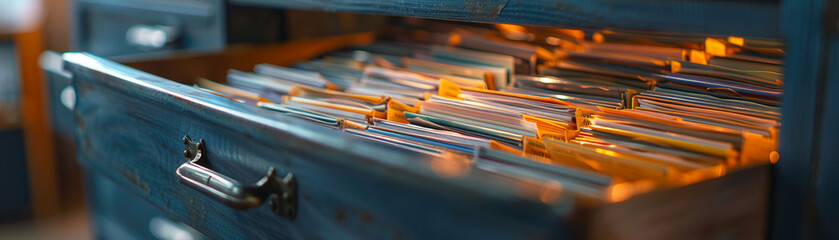 Sunlit open drawer of a filing cabinet, showing organized files and folders for efficient data management. - obrazy, fototapety, plakaty