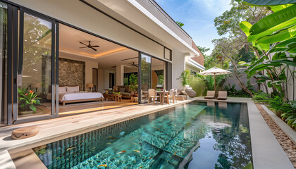 Elegant Modern Villa with Outdoor Swimming Pool and Tropical Plants - obrazy, fototapety, plakaty