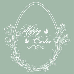 Egg-shaped frame decorated with flowers. Green and white greeting flower frame, Happy Easter. Vector drawing. Template for greeting card.