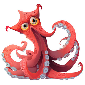 An illustration of a red kraken octopus with large eyes
