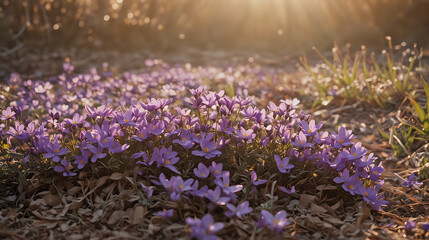 a cluster of delicate purple flowers basking in the warm glow of the setting or rising sun, heralding the arrival of spring - Powered by Adobe