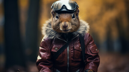 Envision a suave squirrel in a leather jacket, accessorized with aviator sunglasses and a motorcycle helmet. Against a backdrop of autumn leaves, it exudes outdoor adventure and urban coolness. The vi - obrazy, fototapety, plakaty