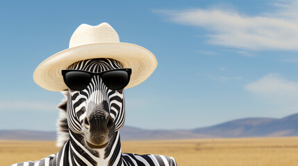 Visualize a chic zebra in a tailored blazer, accessorized with a striped scarf and a fedora hat. Against a backdrop of African plains, it exudes safari chic and wildlife charm. The vibe: stylish and a - obrazy, fototapety, plakaty